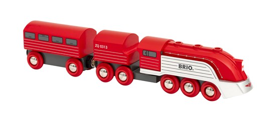 Streamline Train in bold red with silver details, featuring two wooden wagons and seven pairs of wheels for high-speed play.