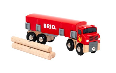 Lumber Truck red semi-truck toy with detachable trailer and wooden log loads for imaginative play ages 3 and up.