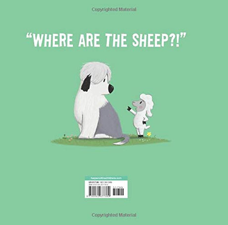Back cover of "Sheep Dog and Sheep Sheep" showing a sheep dog and a sheep asking "Where are the sheep?!