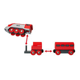 Streamline Train toy set with retro red engine and two wooden wagons, designed for BRIO World railway tracks.