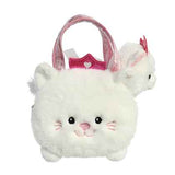 Pet Carrier Pearl Kitty plush white cat bag with pink crown and handles, perfect for carrying small items.