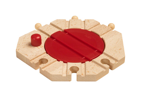 Mechanical Turntable toy with wooden tracks and red rotating center for kids to turn trains easily and enjoy playtime.