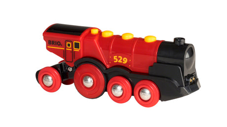 Mighty Red Locomotive toy train with bright red body, black front, and four red wheels, designed for imaginative play.