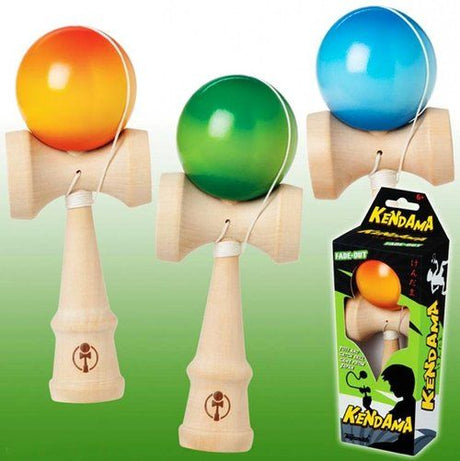 Three Wooden Fade Kendama toys with orange, green, and blue fade-out starburst balls and packaging shown.