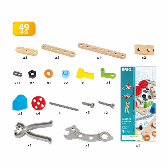 Builder Starter Set with 49 pieces including wooden parts and tools in a plastic toolbox for creative construction play.