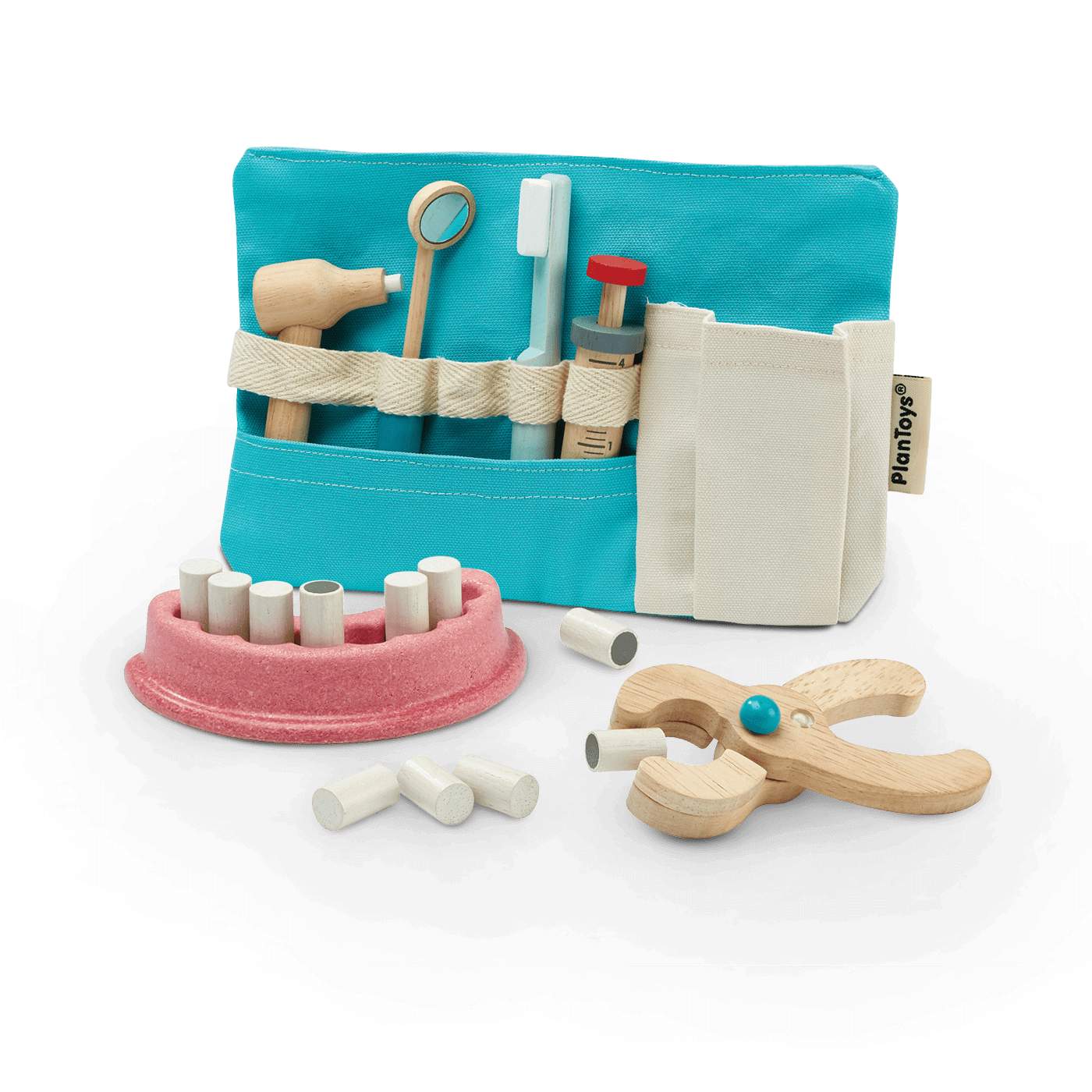 Dentist Set with wooden dental tools, toothbrush, teeth holder, and cotton storage bag for pretend play.