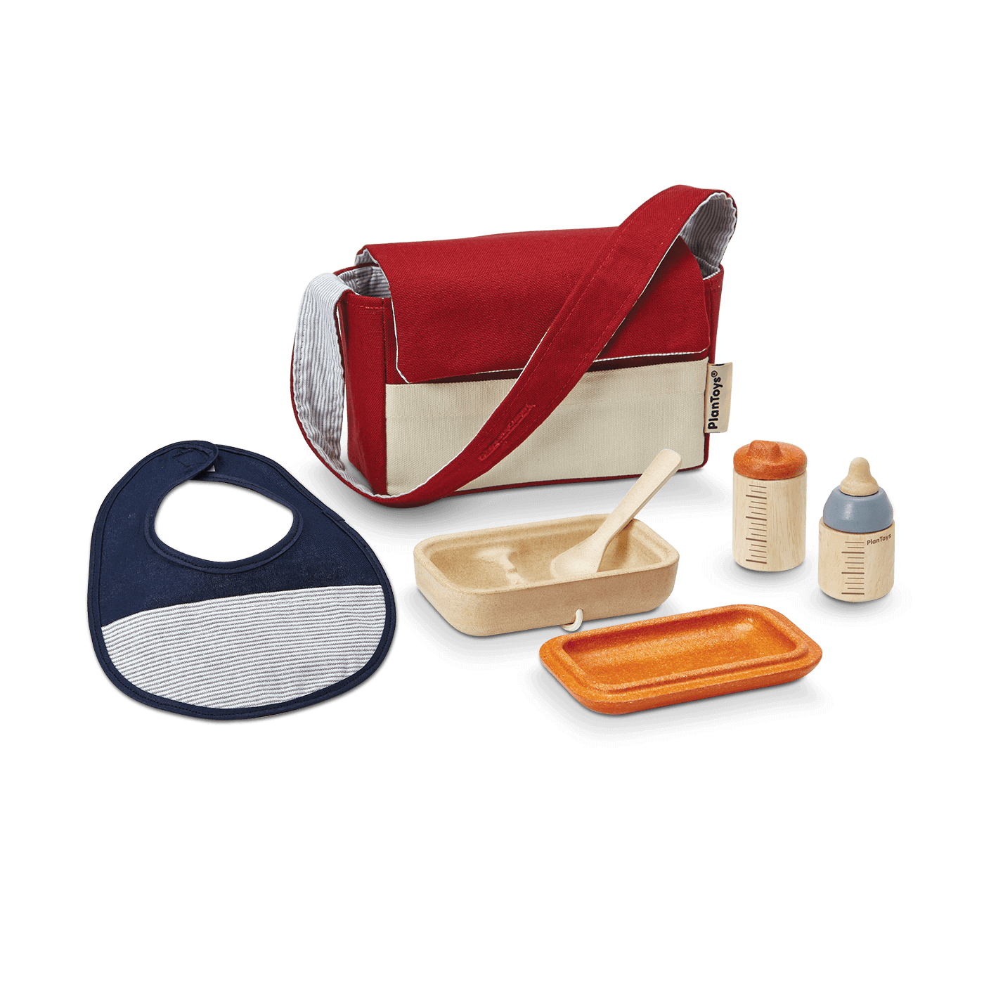 Doll Feeding Set with a red and beige bag, bib, spoon, food container, water bottle, and feeding bottle for pretend play.