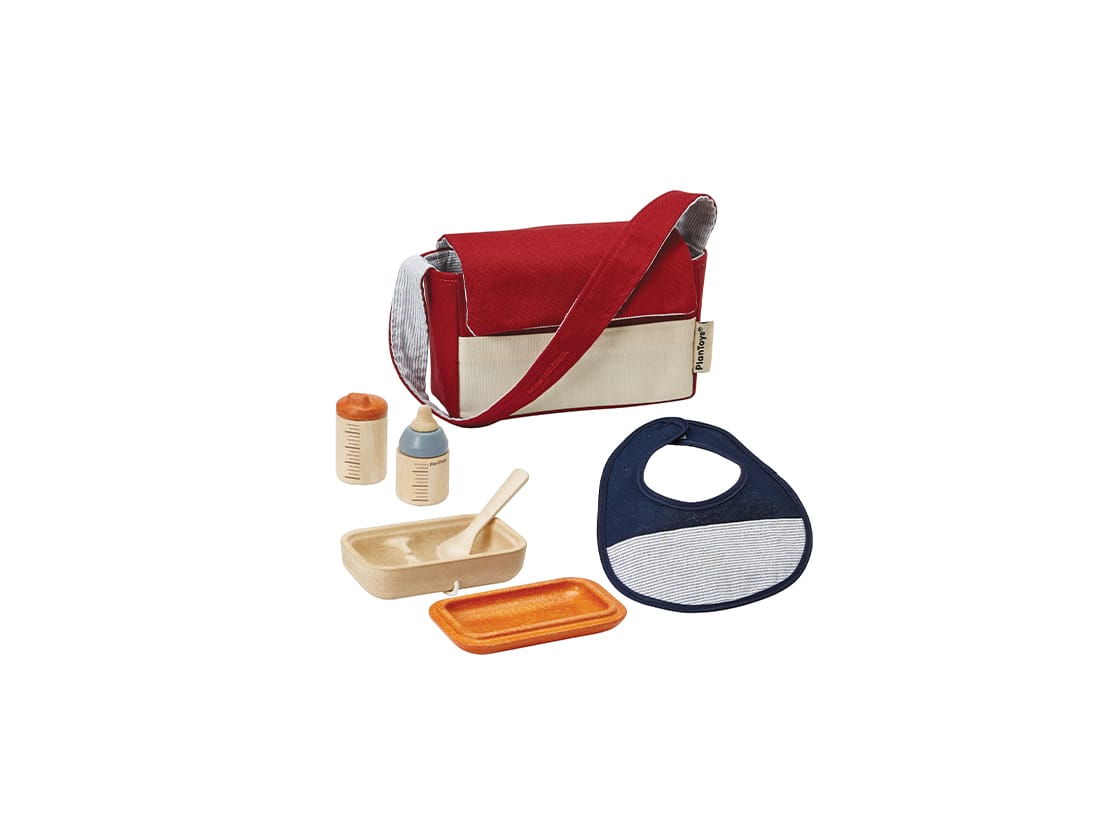 Doll Feeding Set with bag, bib, feeding bottle, food containers, and spoon for pretend play and care development.