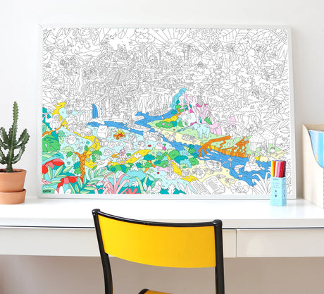 Dinosaur Giant Coloring Poster with partially colored prehistoric scene, perfect for creative family fun and framing.