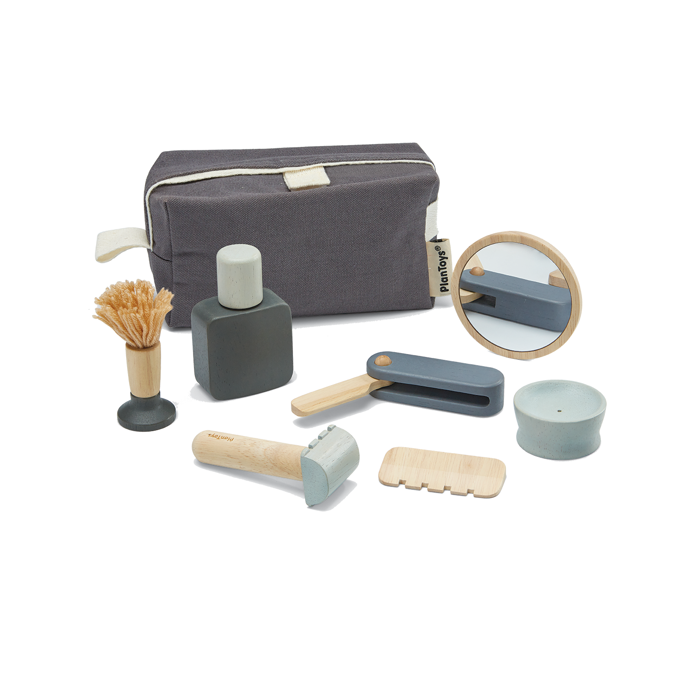 Shave Set with carrying bag, comb, knife, trimmer, bowl, brush, razor, mirror, and aftershave bottle for kids.