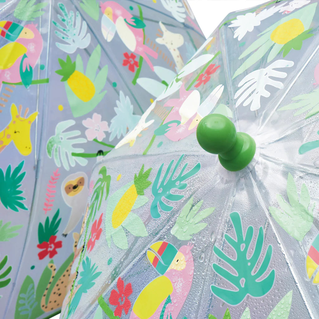 Color-Change Umbrella | Jungle with vibrant animal and plant designs that reveal colors when wet, perfect for kids aged 3+
