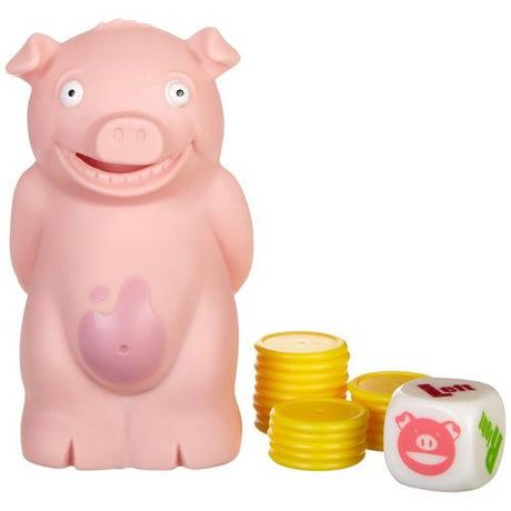 Stinky Pig game figure with yellow tokens and die that makes sounds when its belly is poked for fun gameplay.