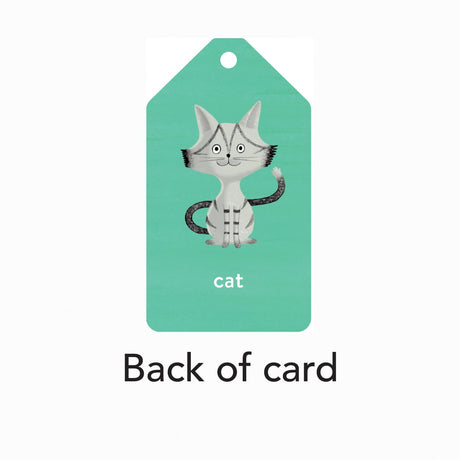 English / Spanish Flashcards showing the back of a card with a cat illustration and the word "cat" on a teal background.