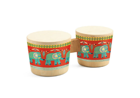 Animambo Bongo Drums featuring bright, colorful elephant designs, perfect for introducing kids aged 3+ to music and rhythm.