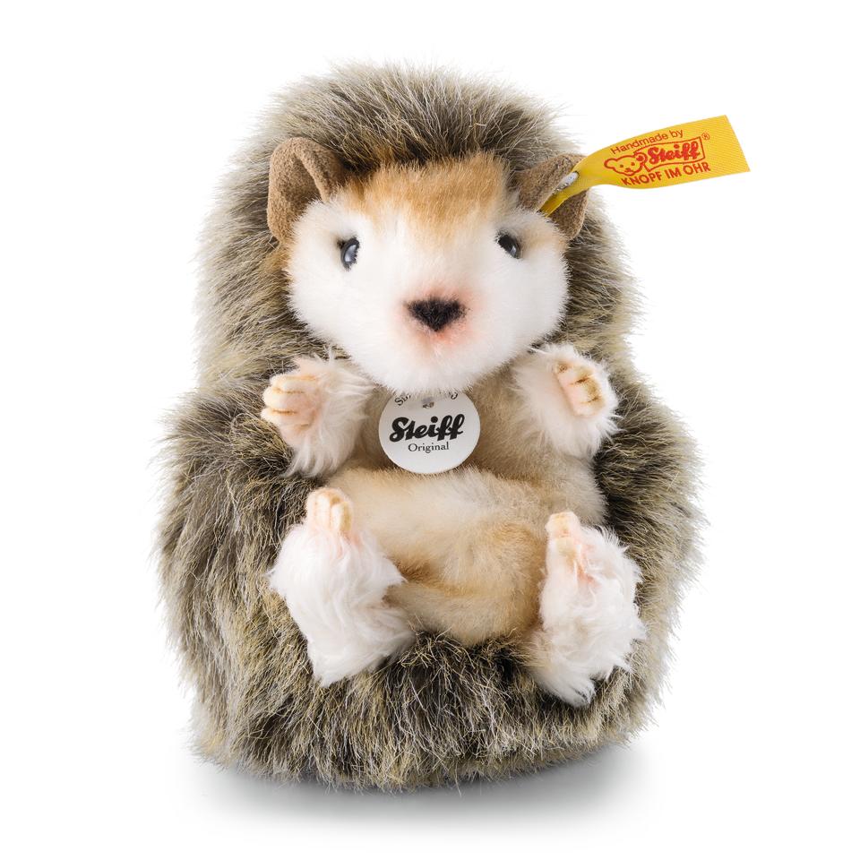 Hedgehog Baby Joggi soft plush toy with cuddly fur, safety eyes, and signature Steiff yellow ear tag.