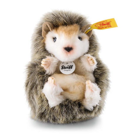 Hedgehog Baby Joggi soft plush toy with cuddly fur, safety eyes, and signature Steiff yellow ear tag.