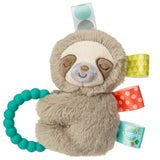 Taggies Molasses Sloth Rattle plush with soft tan fur, looped ribbons, silicone teether, and a quiet rattle inside.