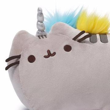 Pusheenicorn plush toy with silver unicorn horn, rainbow mane and tail, soft and huggable, 13 inch length.