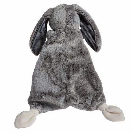 Silky Grey Bunny Lovey plush comforter with striped inner ears, cotton tail, and soft, flat body for cuddling.