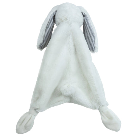 Silky White Bunny Lovey with soft white plush, striped inner ears, knotted corners, flat body, and cotton tail.