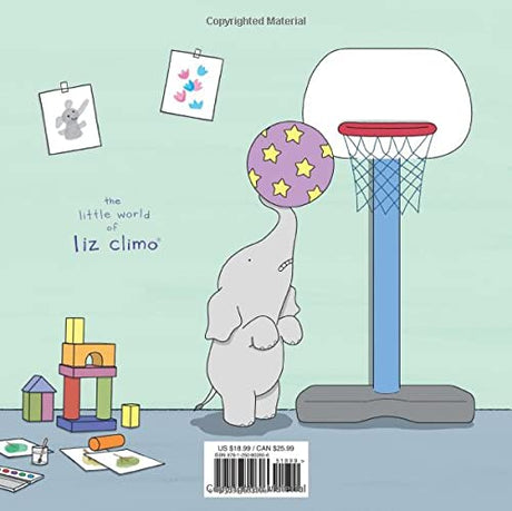 Back cover of You're Loved showing an elephant playing basketball with toys and drawings in the background.