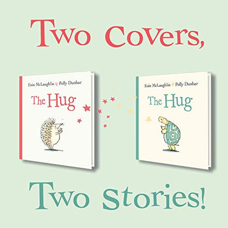 The Hug product image showing two flipbook covers featuring a hedgehog and tortoise with stars between them.