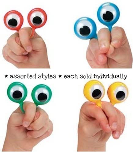 Finger Eyes show colorful plastic googly eyes fitted on fingers for fun, goofy puppets in assorted styles.