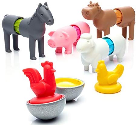 Smartmax My First Farm Animals set showing magnetic horse, pig, cow, sheep, rooster, and chicken figures for kids.