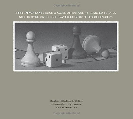 Jumanji game pieces featuring chess pawns and dice on a muted background with an adventurous tone.