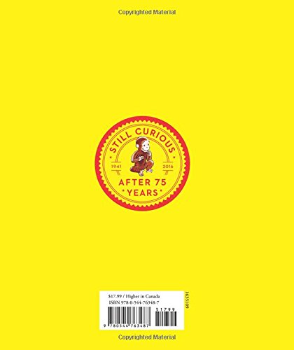 Curious George book back cover with bright yellow background and a red circular emblem celebrating 75 years.