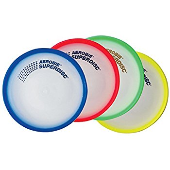 Aerobie Superdisc flying discs in assorted colors with cushioned edges and spoiler rims, easy to throw and catch.