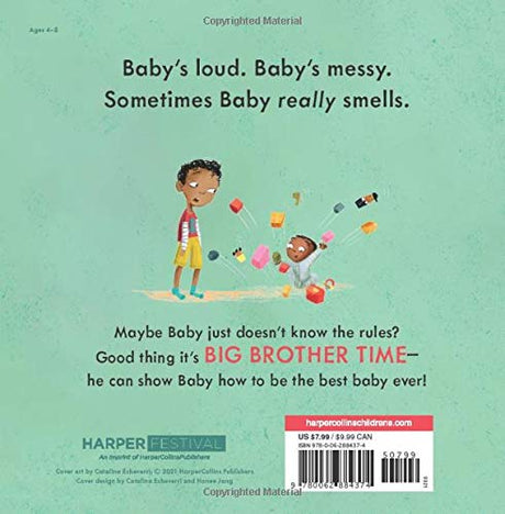 Back cover of the hardcover picture book It’s Big Brother Time showing a boy and a baby playing messily.