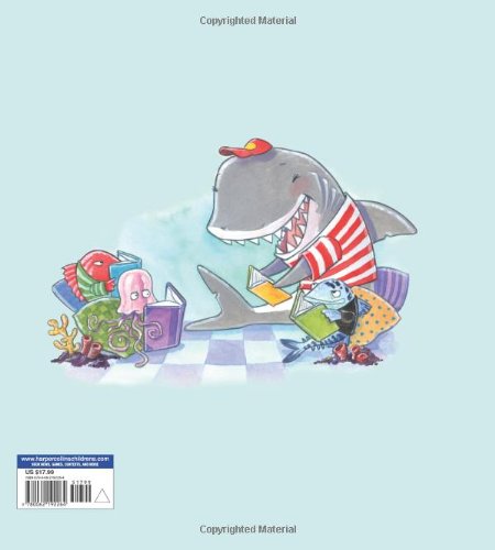 Clark the Shark reads books happily to underwater friends in a colorful, friendly classroom scene.