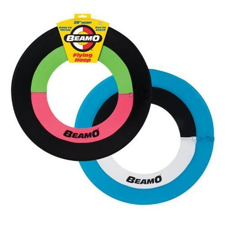 Two colorful Beamo Junior flying disks with foam rings and soft lycra, designed for easy throwing and catching.