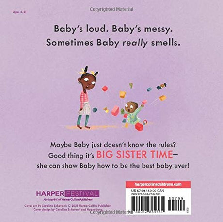 Back cover of the hardcover picture book "It's Big Sister Time" showing big sister watching messy baby play.