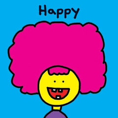 Feelings Flashcards showing a cartoon character with a big pink hair smiling, representing the feeling happy.