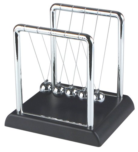 Newton's Cradle with polished steel balls demonstrating physics principles for desktop or coffee table display.