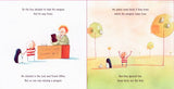 Open book spread from Lost and Found showing a boy and a penguin near a lost and found box outdoors with trees.