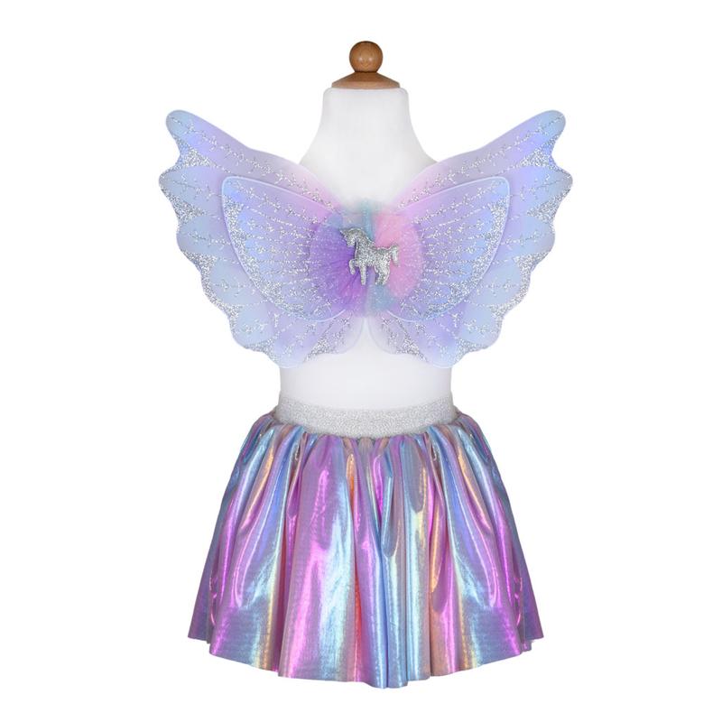 Magical Unicorn Skirt & Wings with shiny iridescent fabric skirt and bluish purple tulle wings with glitter and unicorn emblem.