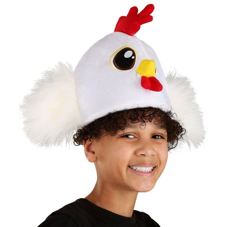 Child wearing a Chicken Hat plush costume with big eyes, stuffed beak, and fluffy wings on the sides.