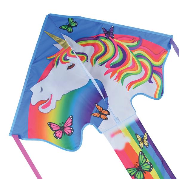 46" Easy Flyer Kite | Magical Unicorn with vibrant rainbow mane and colorful butterflies for easy, fun flying.