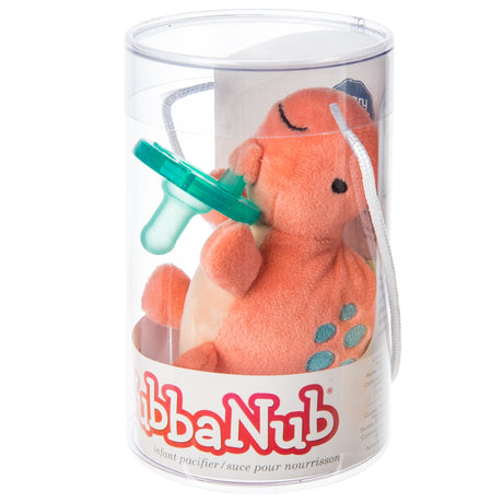 Pebblesaurus Wubbanub infant pacifier with plush dinosaur holder in clear gift packaging, soft and baby-friendly design.
