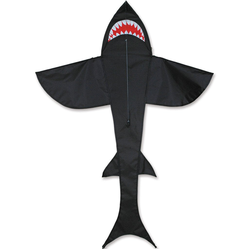 5' Black Shark Kite made of durable nylon with fiberglass frame, featuring a bold shark design ready for windy skies.
