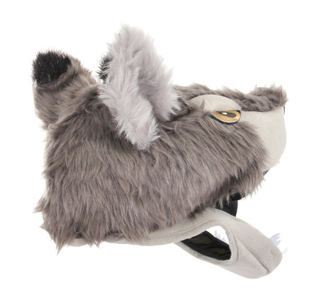 Wolf Jawesome Hat with gray faux fur, gold eyes, felt teeth, and an internal size adjuster for comfortable fit.