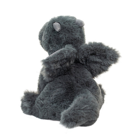Dragon Sootie plush baby dragon in soft dark cinder color with velvet-textured wings and horns, 6 inches tall.