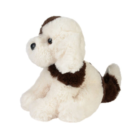Puppy Donnie plush toy with creamy coat and chocolate brown spots sitting in a playful pose with soft fur.
