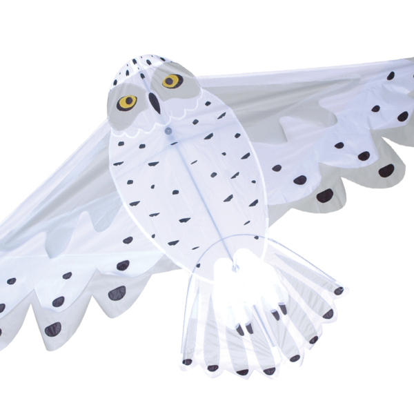 Snowy Owl Kite featuring ripstop nylon fabric, bold white and black design, easy to fly with included line and winder.