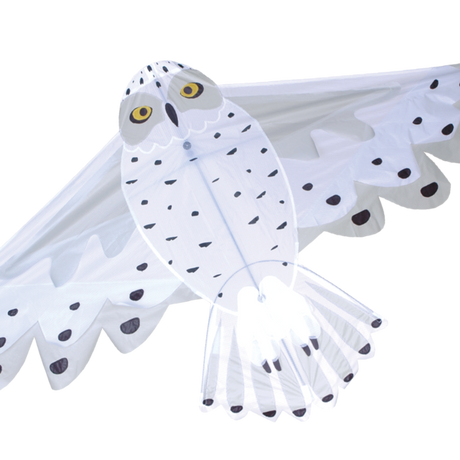 Snowy Owl Kite featuring ripstop nylon fabric, bold white and black design, easy to fly with included line and winder.