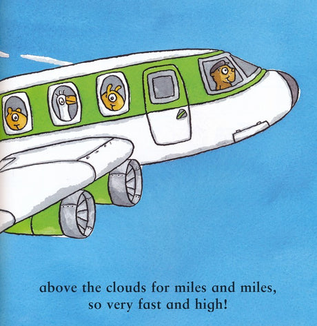 Illustration from Amazing Airplanes showing animal characters flying a green and white airplane above the clouds.