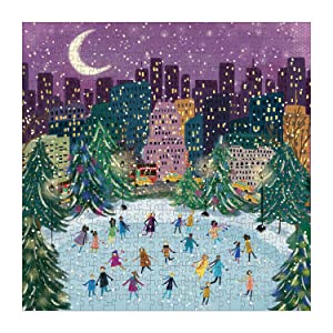 500pc Merry Moonlight Skate Puzzle showing festive city ice skaters, skyscrapers, snow, and gold foil accents.